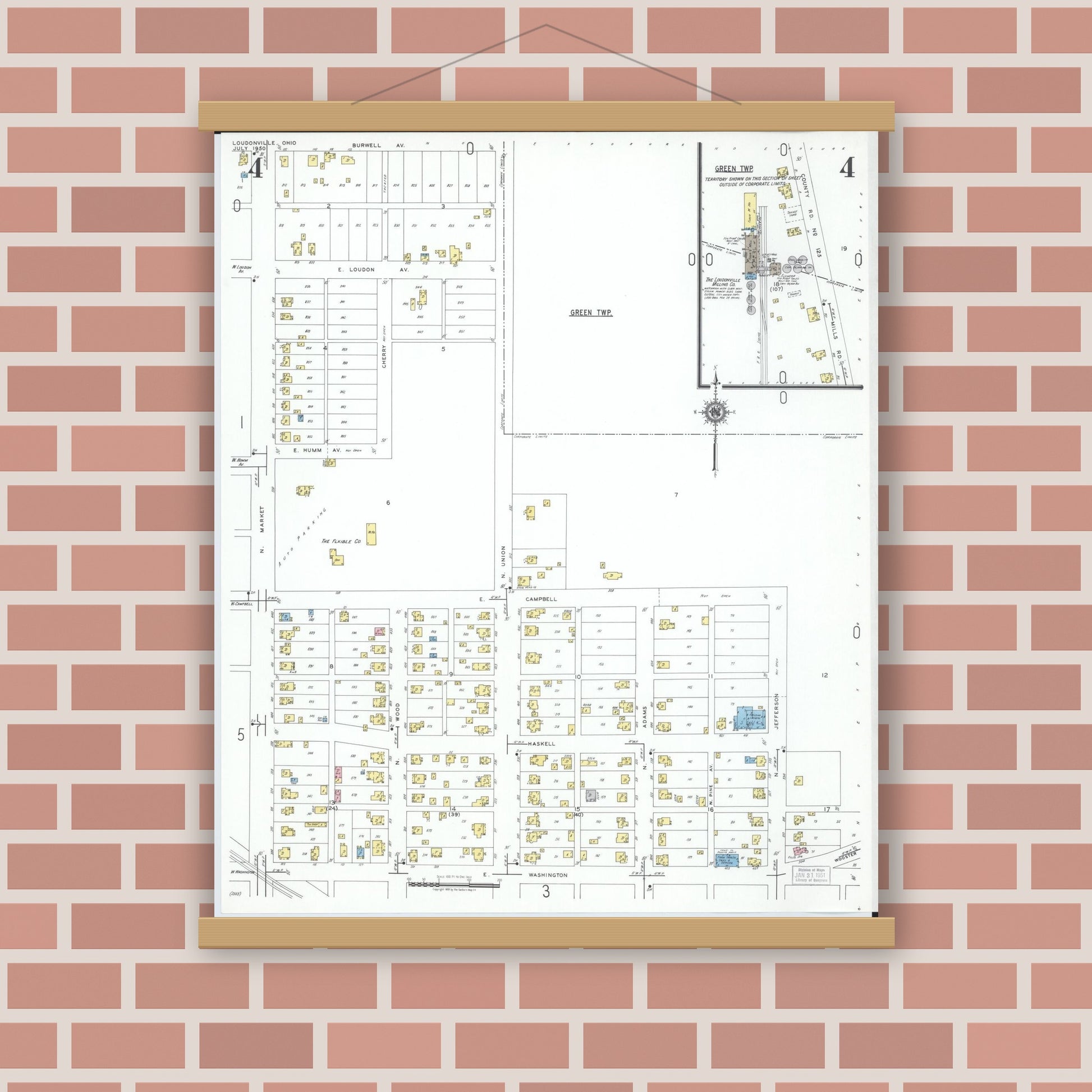Old map wall art mockup — magnetic wood frame on brick wall — Sanborn Fire Insurance Map from Loudonville, Ashland County, Ohio (1950), Sheet #0004