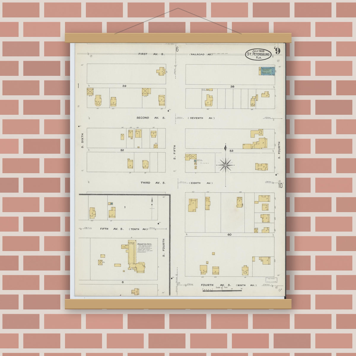 Old map wall art mockup — magnetic wood frame on brick wall — Sanborn Fire Insurance Map from Saint Petersburg, Pinellas County, Florida (1908), Sheet #0009