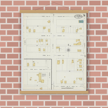 Old map wall art mockup — magnetic wood frame on brick wall — Sanborn Fire Insurance Map from Saint Petersburg, Pinellas County, Florida (1908), Sheet #0009