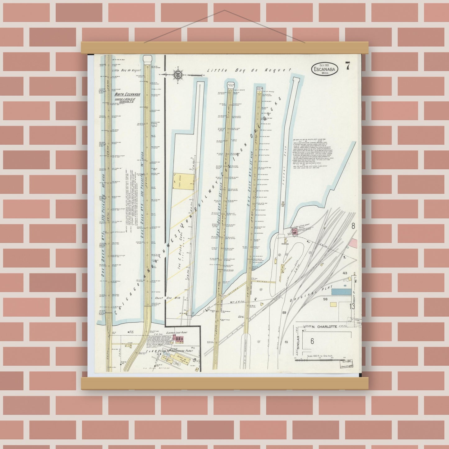 Old map wall art mockup — magnetic wood frame on brick wall — Sanborn Fire Insurance Map from Escanaba, Delta County, Michigan (1913), Sheet #0007