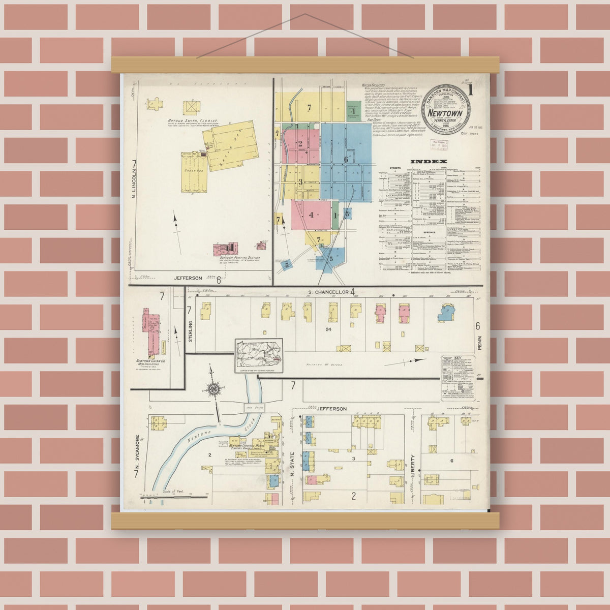 Old map wall art mockup — magnetic wood frame on brick wall — Sanborn Fire Insurance Map from Newtown, Bucks County, Pennsylvania (1915) - Complete Map Set