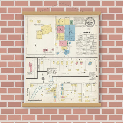 Old map wall art mockup — magnetic wood frame on brick wall — Sanborn Fire Insurance Map from Newtown, Bucks County, Pennsylvania (1915) - Complete Map Set