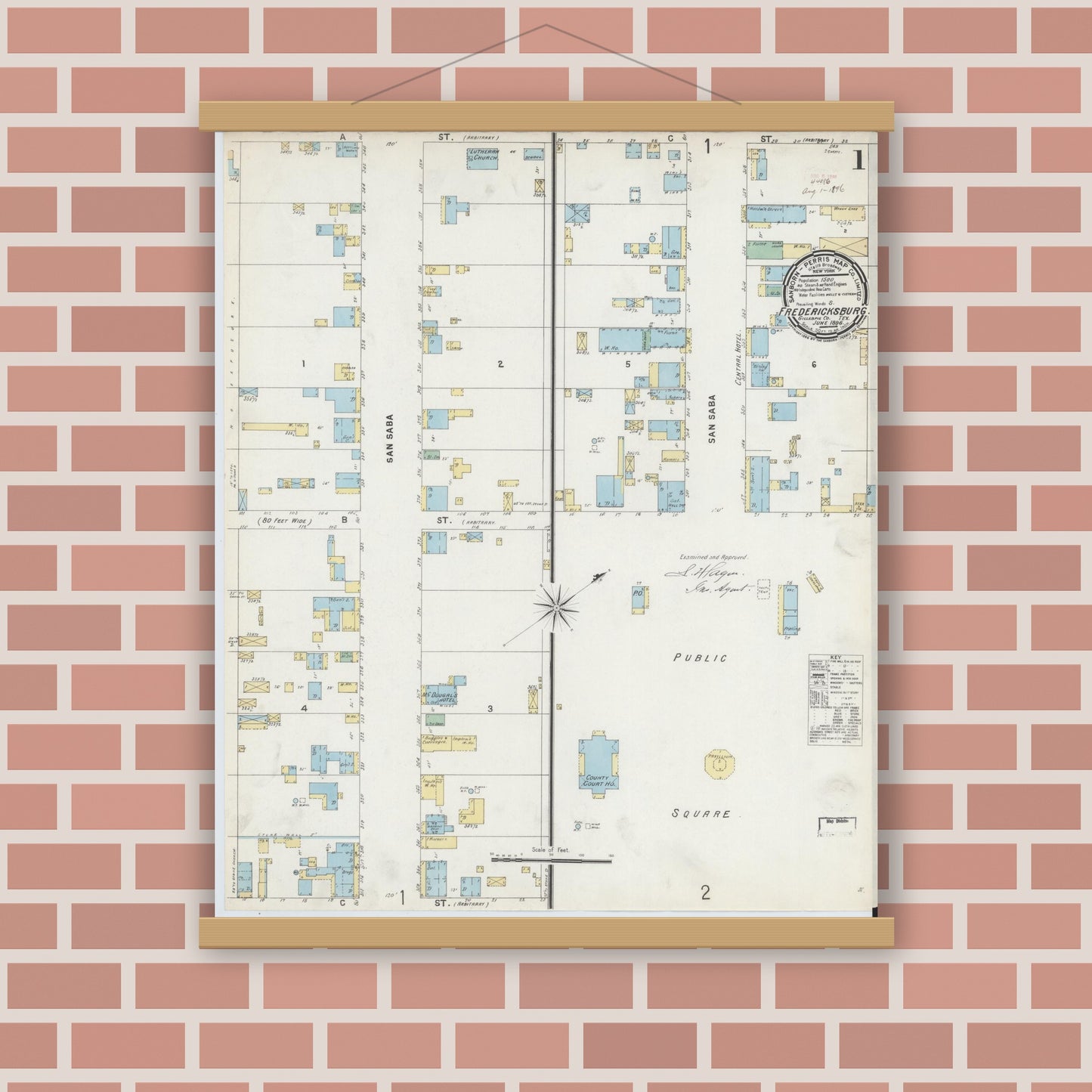 Old map wall art mockup — magnetic wood frame on brick wall — Sanborn Fire Insurance Map from Fredericksburg, Gillespie County, Texas (1896) - Complete Map Set