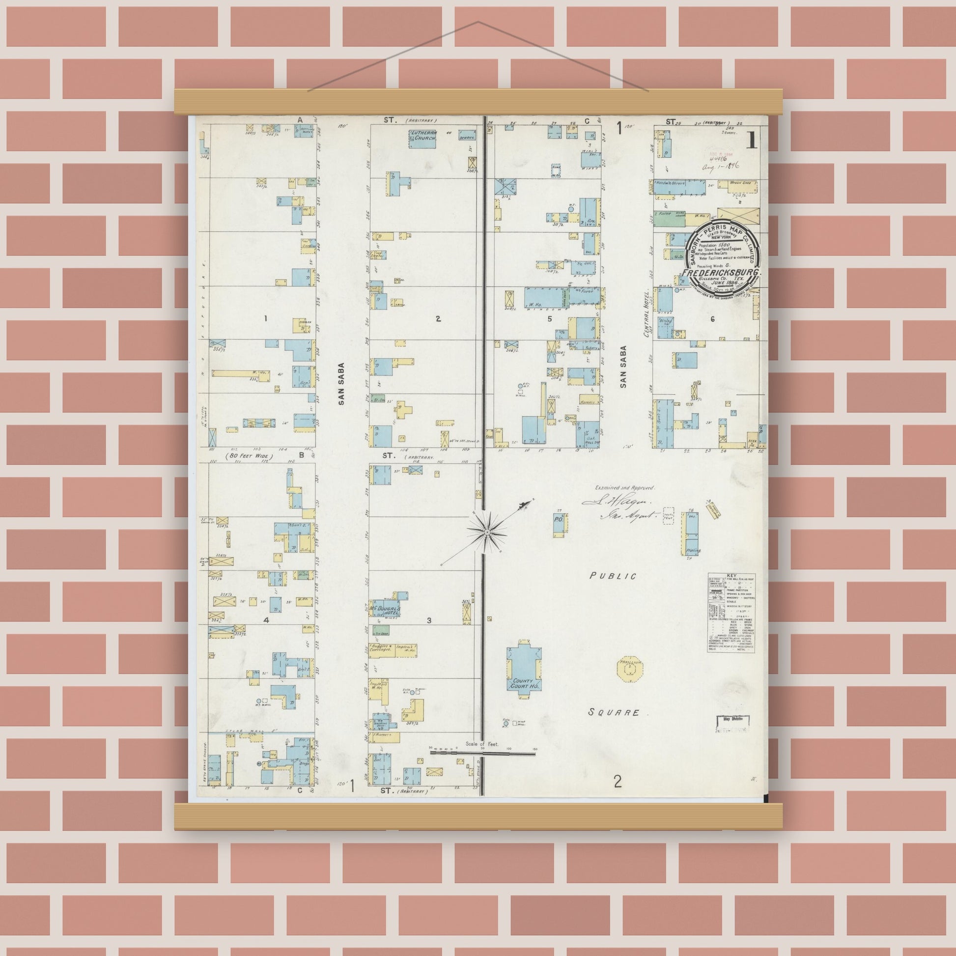 Old map wall art mockup — magnetic wood frame on brick wall — Sanborn Fire Insurance Map from Fredericksburg, Gillespie County, Texas (1896) - Complete Map Set