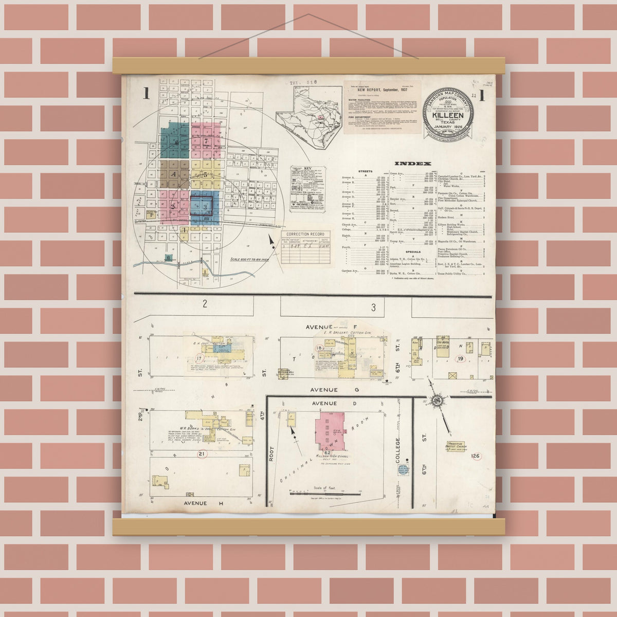 Old map wall art mockup — magnetic wood frame on brick wall — Sanborn Fire Insurance Map from Killeen, Bell County, Texas (1937) - Complete Map Set