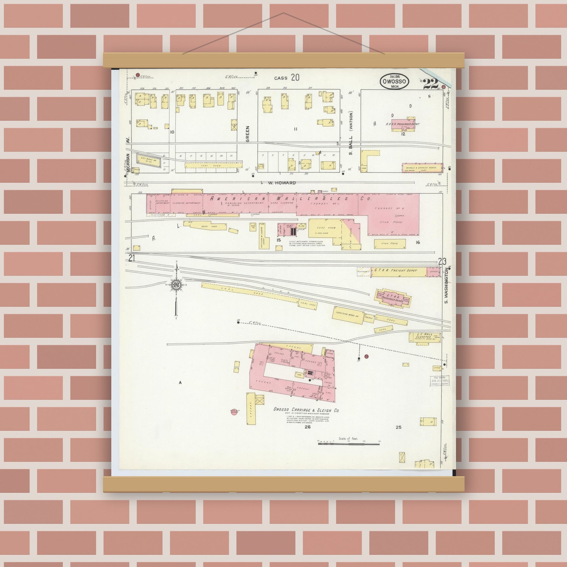 Old map wall art mockup — magnetic wood frame on brick wall — Sanborn Fire Insurance Map from Owosso, Shiawassee County, Michigan (1915), Sheet #0022