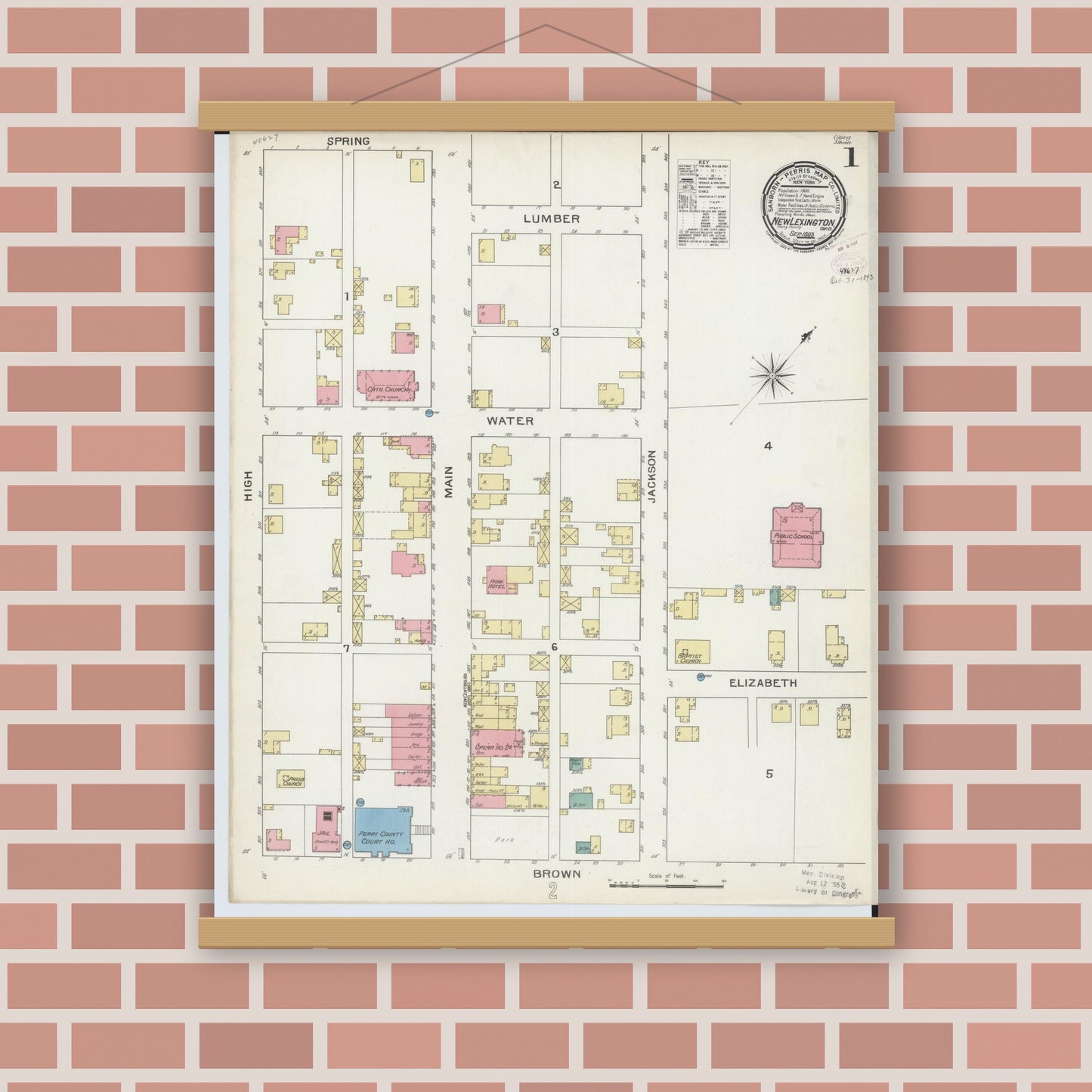Old map wall art mockup — magnetic wood frame on brick wall — Sanborn Fire Insurance Map from New Lexington, Perry County, Ohio (1893) - Complete Map Set