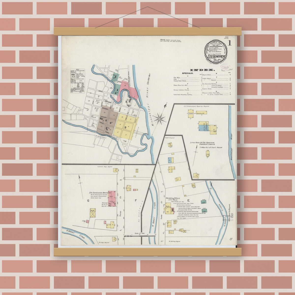 Old map wall art mockup — magnetic wood frame on brick wall — Sanborn Fire Insurance Map from Sainte Genevieve, Saint Genevieve County, Missouri (1894) - Complete Map Set