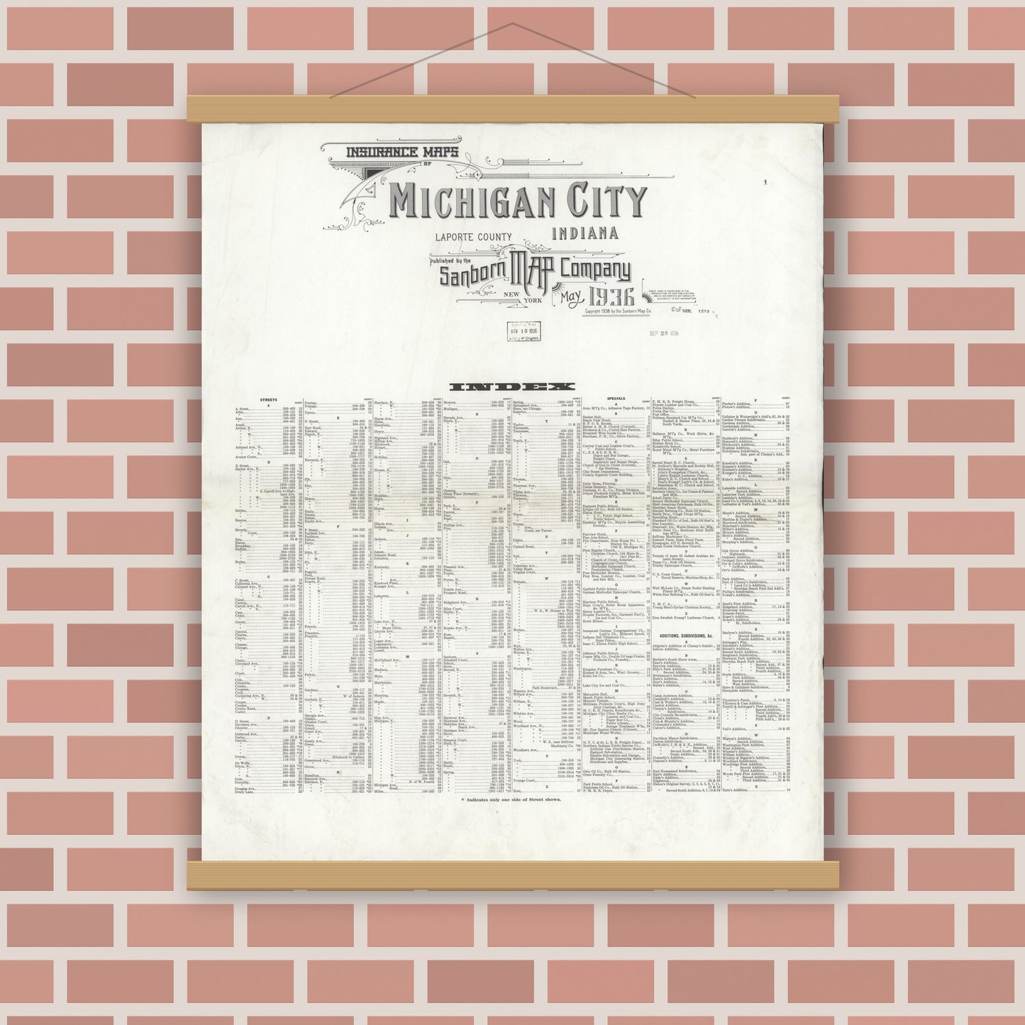 Old map wall art mockup — magnetic wood frame on brick wall — Sanborn Fire Insurance Map from Michigan City, La Porte County, Indiana (1936), Sheet #0001
