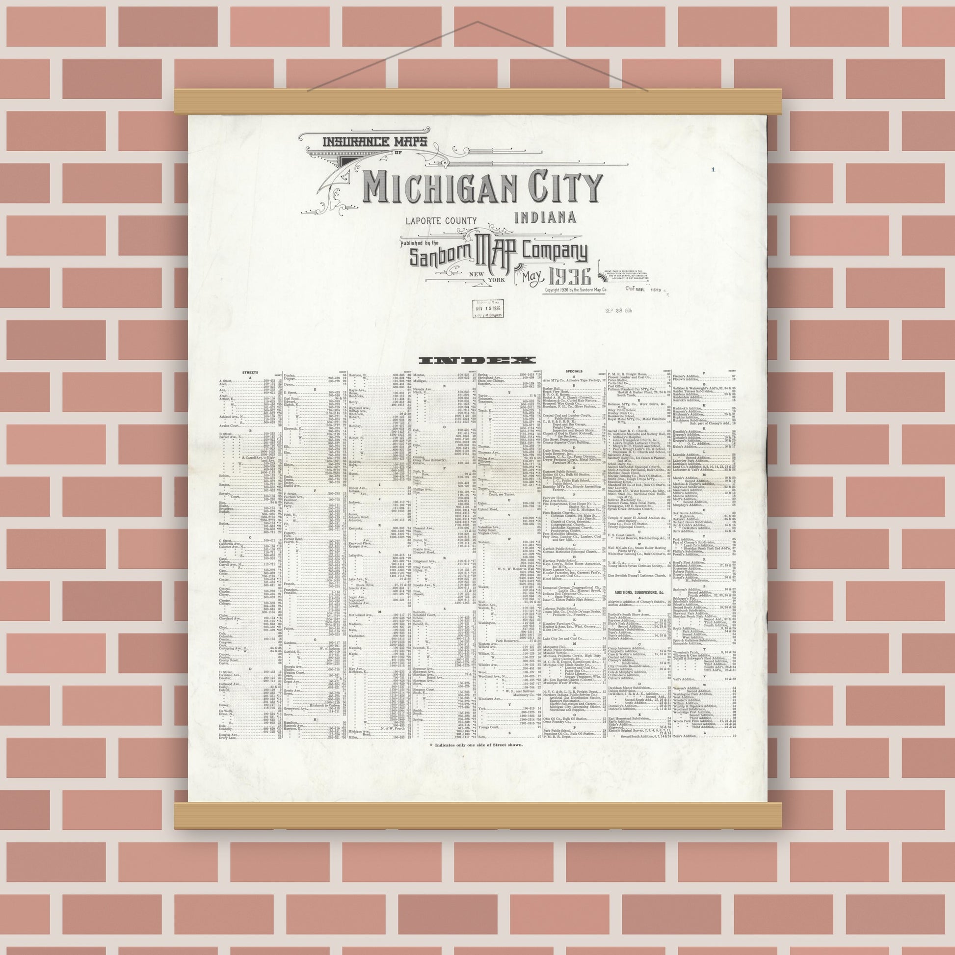 Old map wall art mockup — magnetic wood frame on brick wall — Sanborn Fire Insurance Map from Michigan City, La Porte County, Indiana (1936), Sheet #0001