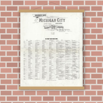 Old map wall art mockup — magnetic wood frame on brick wall — Sanborn Fire Insurance Map from Michigan City, La Porte County, Indiana (1936), Sheet #0001