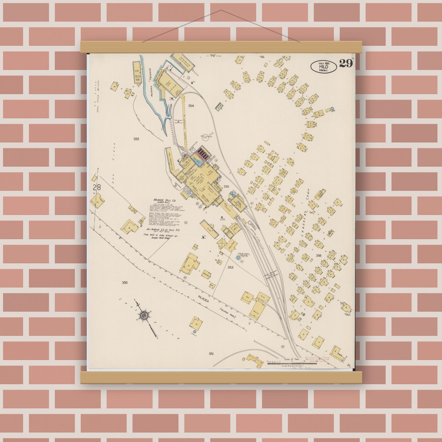 Old map wall art mockup — magnetic wood frame on brick wall — Sanborn Fire Insurance Map from Hilo, Hawaii County, Hawaii (1921), Sheet #0029