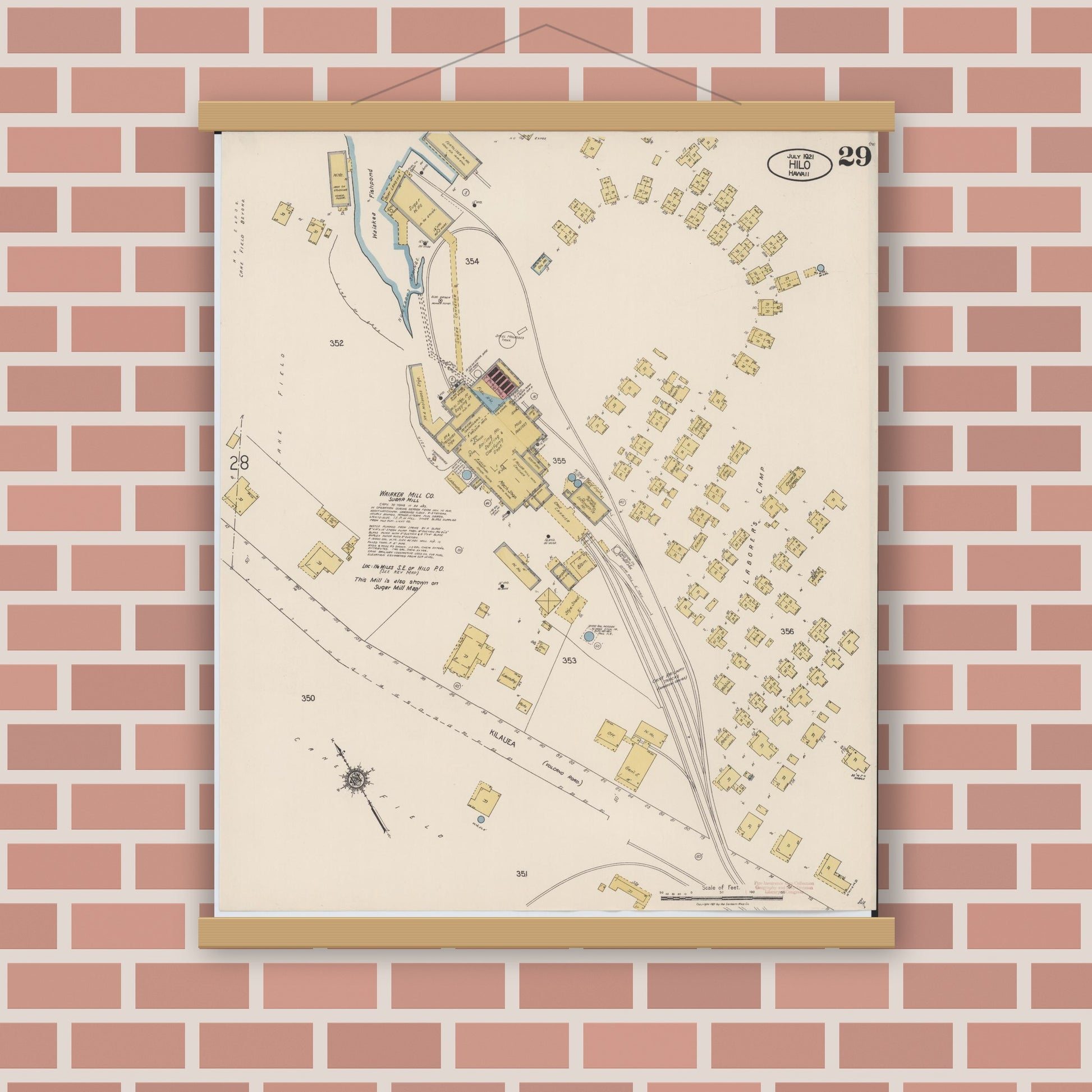 Old map wall art mockup — magnetic wood frame on brick wall — Sanborn Fire Insurance Map from Hilo, Hawaii County, Hawaii (1921), Sheet #0029