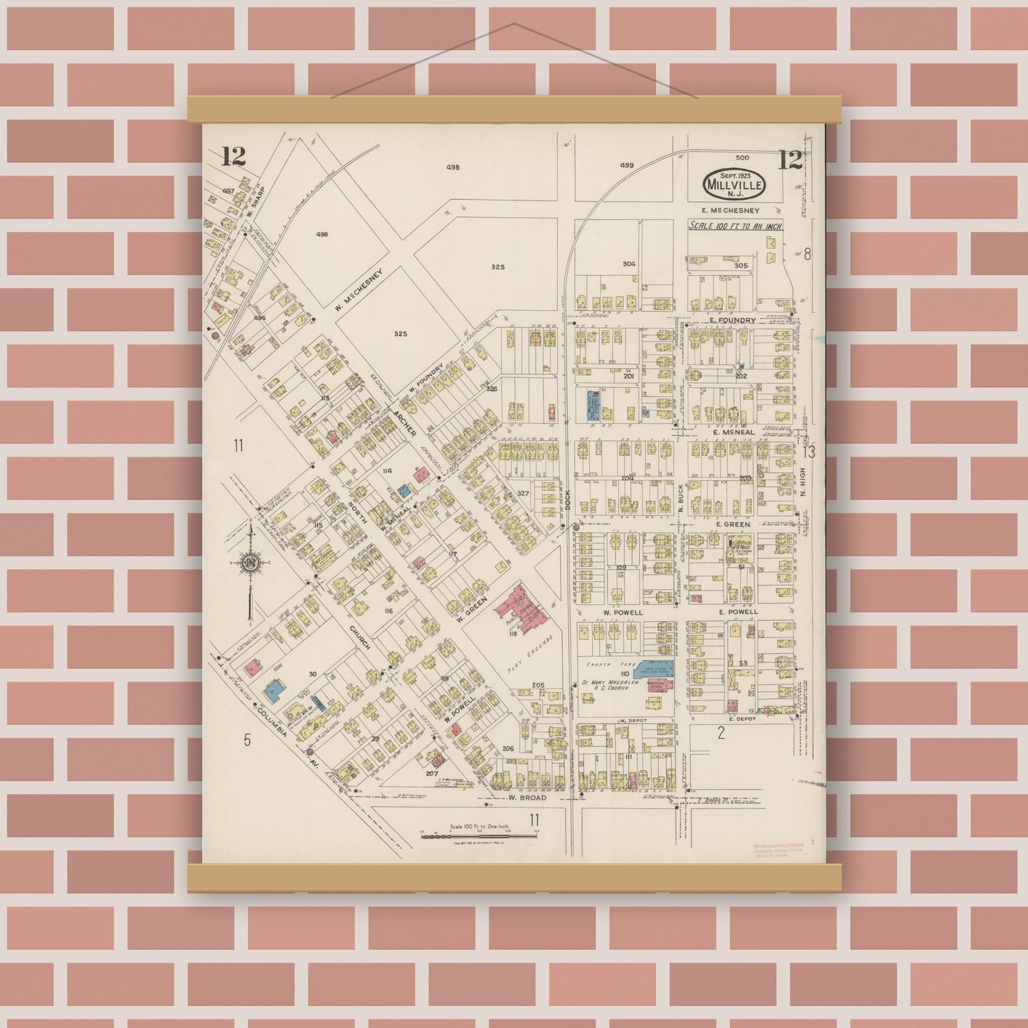 Old map wall art mockup — magnetic wood frame on brick wall — Sanborn Fire Insurance Map from Millville, Cumberland County, New Jersey (1923), Sheet #0012