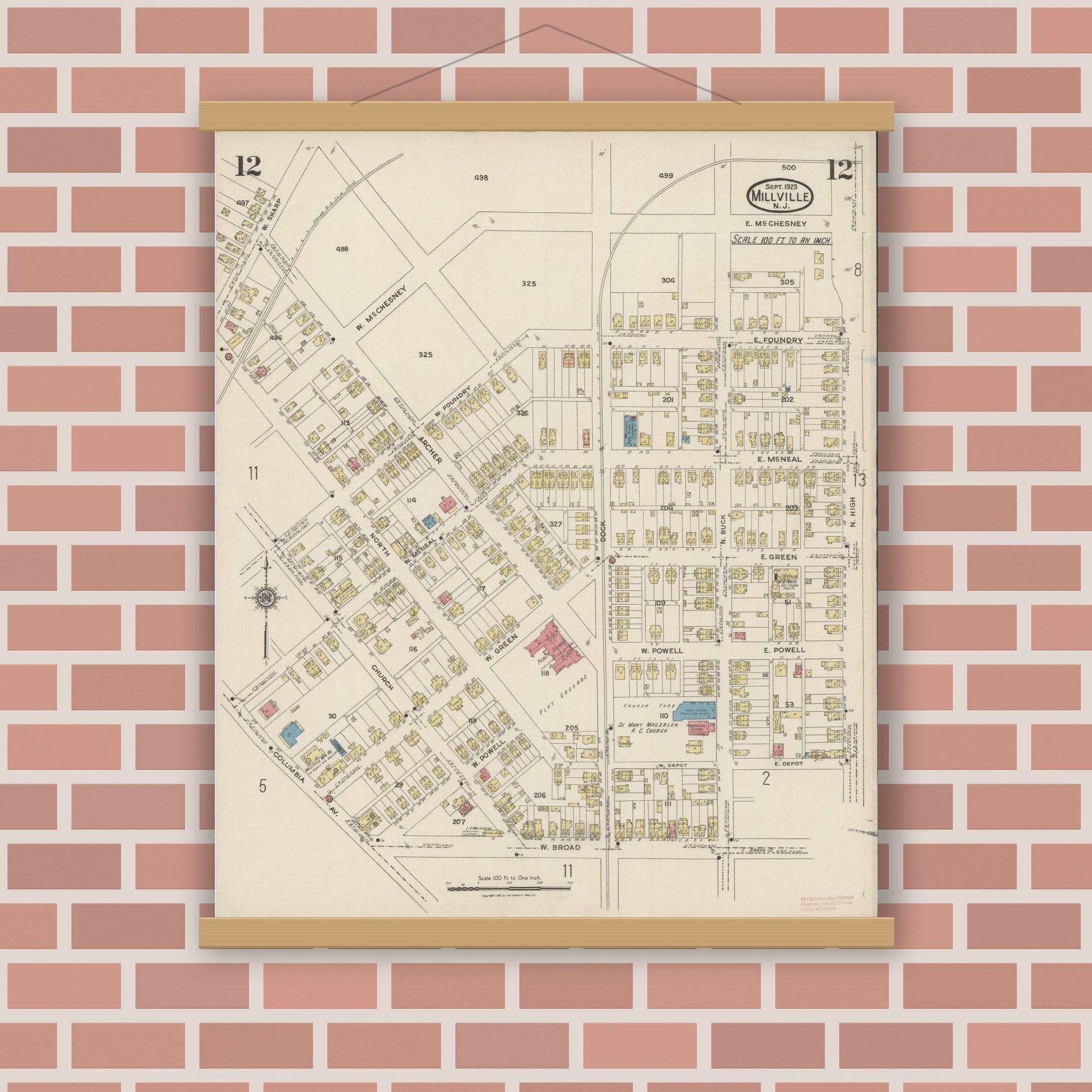 Old map wall art mockup — magnetic wood frame on brick wall — Sanborn Fire Insurance Map from Millville, Cumberland County, New Jersey (1923), Sheet #0012
