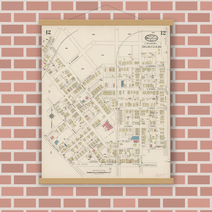 Old map wall art mockup — magnetic wood frame on brick wall — Sanborn Fire Insurance Map from Millville, Cumberland County, New Jersey (1923), Sheet #0012