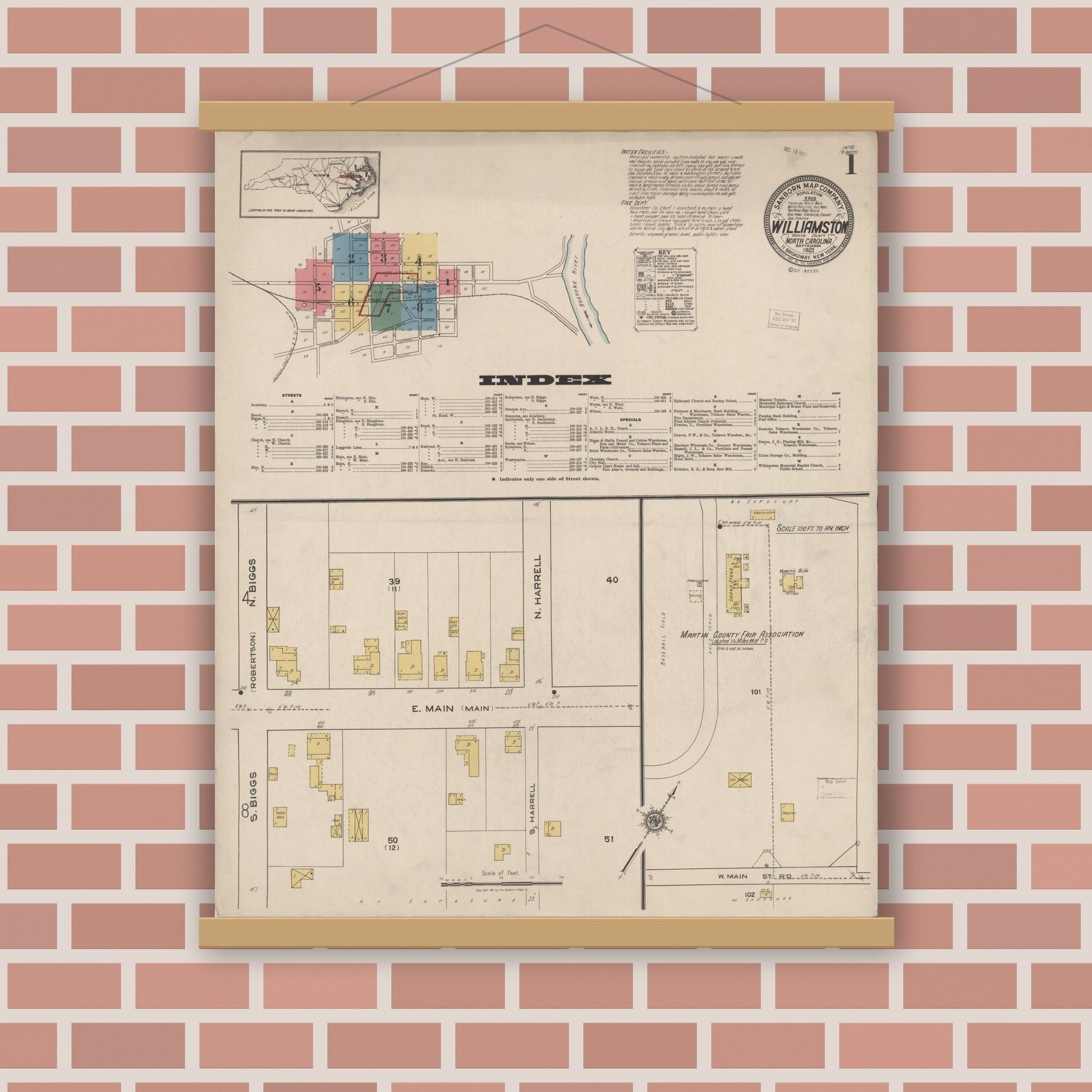 Old map wall art mockup — magnetic wood frame on brick wall — Sanborn Fire Insurance Map from Williamston, Martin County, North Carolina (1921) - Complete Map Set