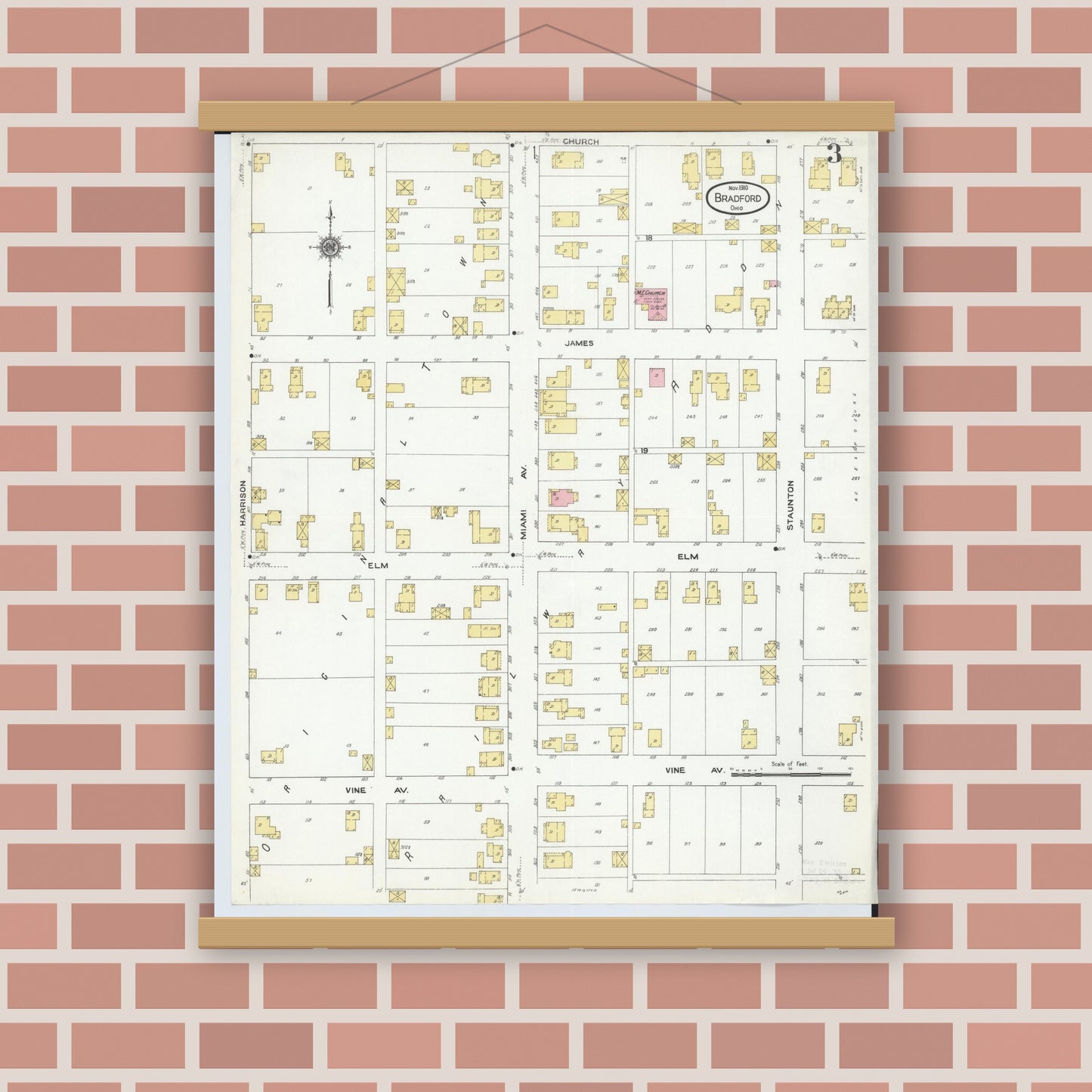 Old map wall art mockup — magnetic wood frame on brick wall — Sanborn Fire Insurance Map from Bradford, Darke and Miami Counties, Ohio (1910), Sheet #0003