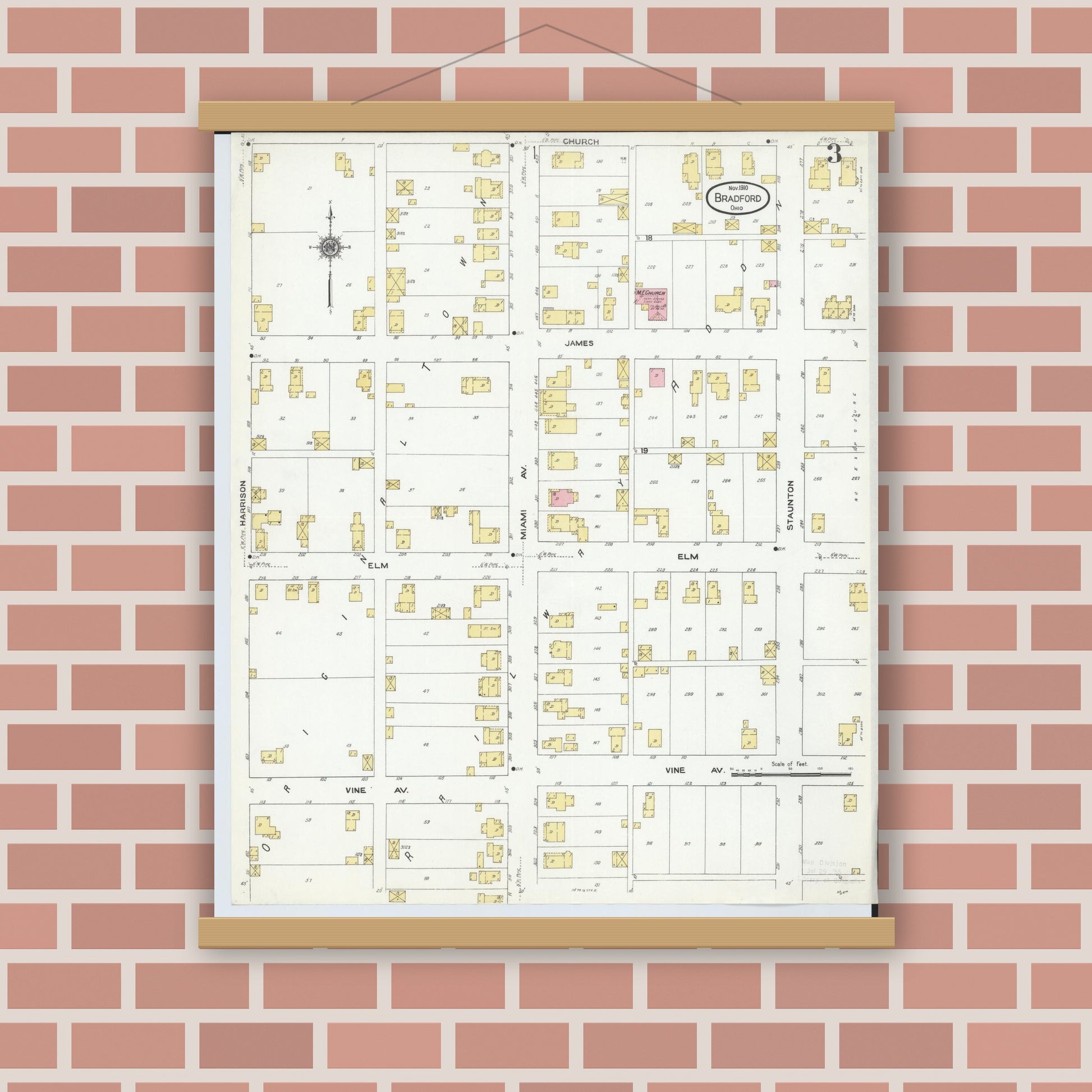 Old map wall art mockup — magnetic wood frame on brick wall — Sanborn Fire Insurance Map from Bradford, Darke and Miami Counties, Ohio (1910), Sheet #0003