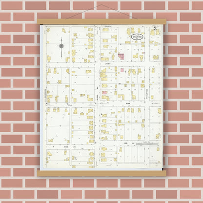 Old map wall art mockup — magnetic wood frame on brick wall — Sanborn Fire Insurance Map from Bradford, Darke and Miami Counties, Ohio (1910), Sheet #0003