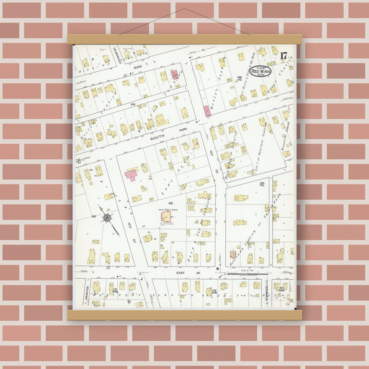 Old map wall art mockup — magnetic wood frame on brick wall — Sanborn Fire Insurance Map from Red Wing, Goodhue County, Minnesota (1917), Sheet #0017