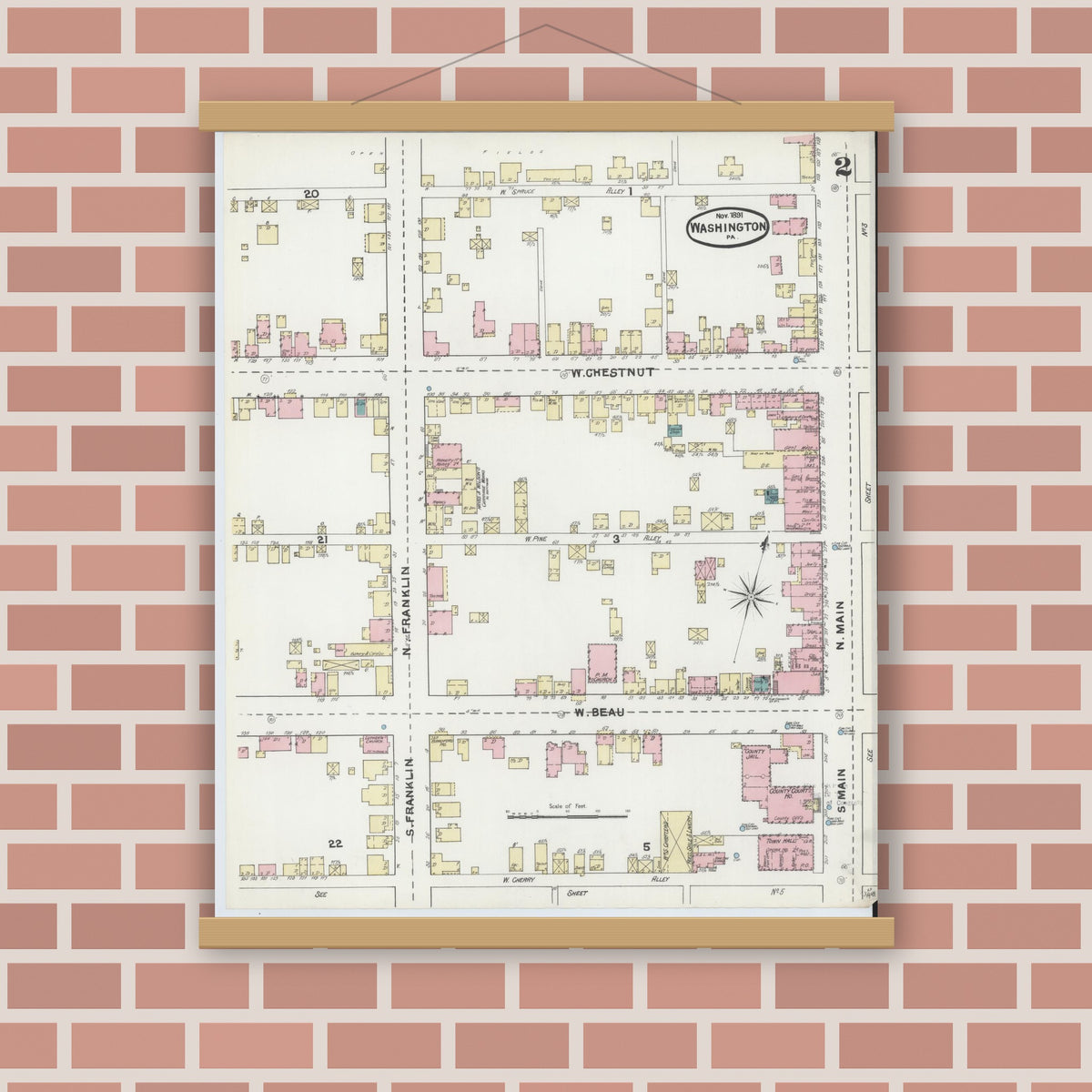 Old map wall art mockup — magnetic wood frame on brick wall — Sanborn Fire Insurance Map from Washington, Washington County, Pennsylvania (1891), Sheet #0002