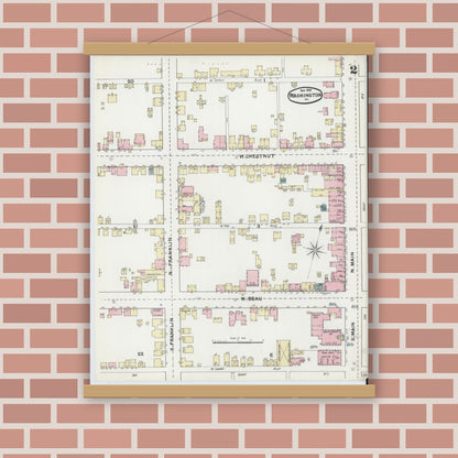 Old map wall art mockup — magnetic wood frame on brick wall — Sanborn Fire Insurance Map from Washington, Washington County, Pennsylvania (1891), Sheet #0002