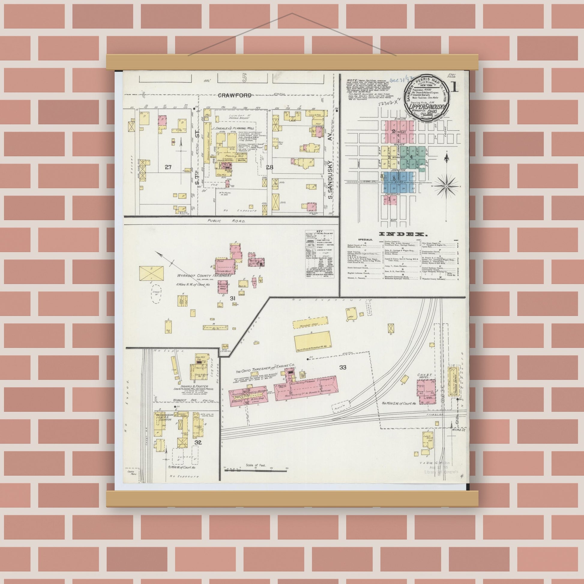 Old map wall art mockup — magnetic wood frame on brick wall — Sanborn Fire Insurance Map from Upper Sandusky, Wyandot County, Ohio (1892), Sheet #0001