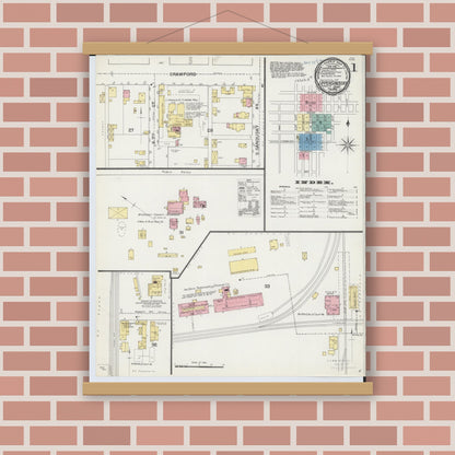 Old map wall art mockup — magnetic wood frame on brick wall — Sanborn Fire Insurance Map from Upper Sandusky, Wyandot County, Ohio (1892), Sheet #0001