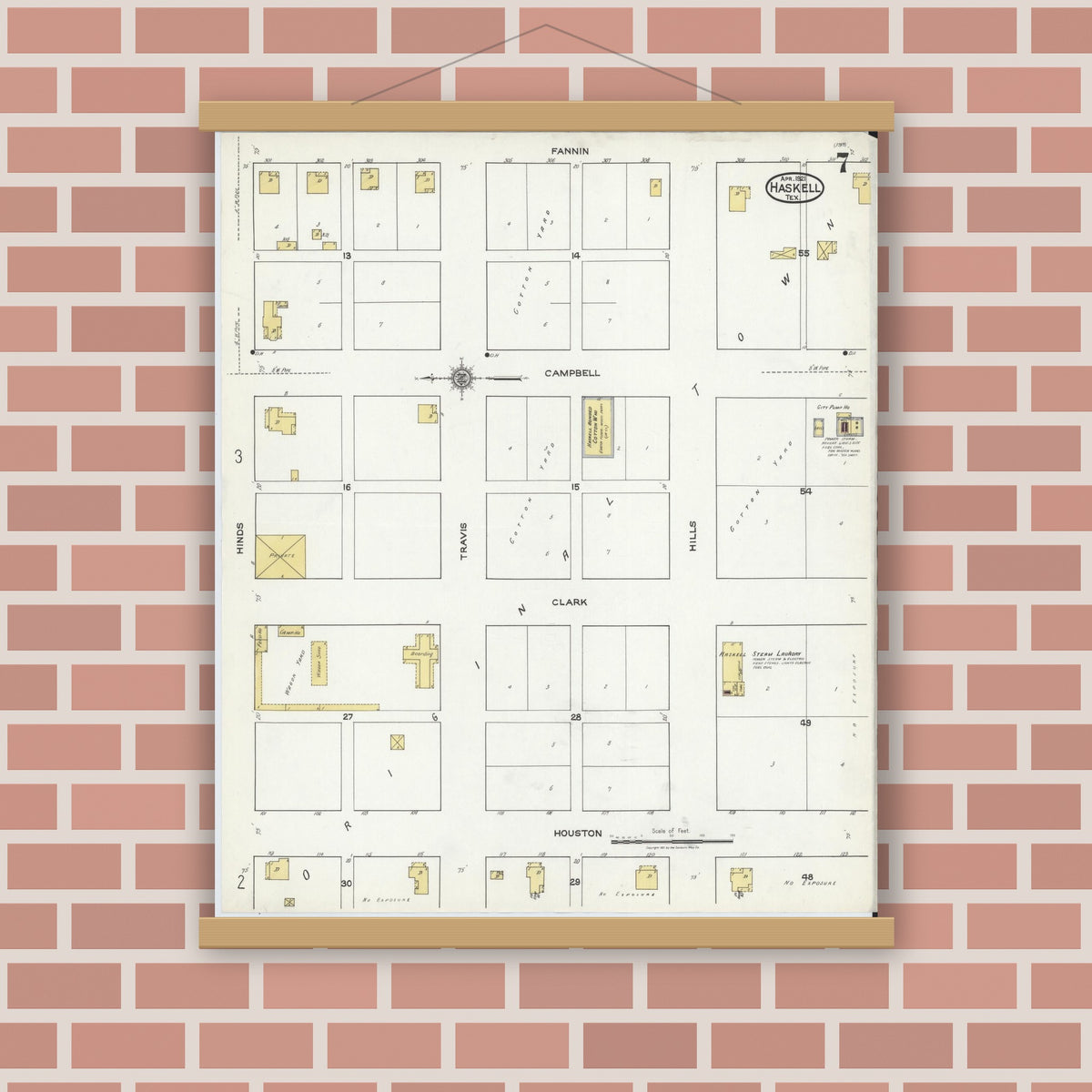 Old map wall art mockup — magnetic wood frame on brick wall — Sanborn Fire Insurance Map from Haskell, Haskell County, Texas (1921), Sheet #0007