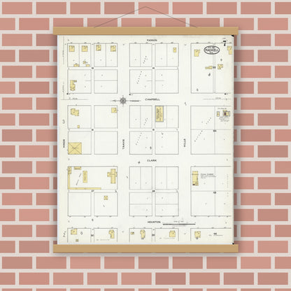 Old map wall art mockup — magnetic wood frame on brick wall — Sanborn Fire Insurance Map from Haskell, Haskell County, Texas (1921), Sheet #0007