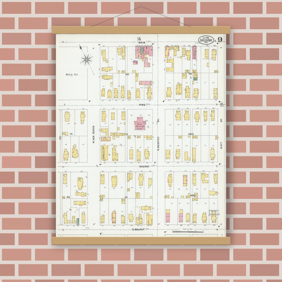Old map wall art mockup — magnetic wood frame on brick wall — Sanborn Fire Insurance Map from Green Bay, Brown County, Wisconsin (1900), Sheet #0009