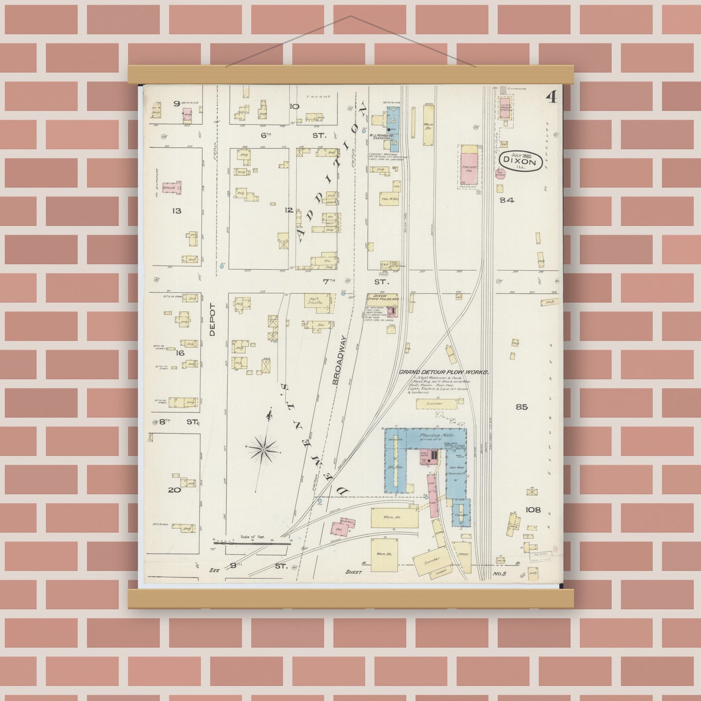 Old map wall art mockup — magnetic wood frame on brick wall — Sanborn Fire Insurance Map from Dixon, Lee County, Illinois (1885), Sheet #0004