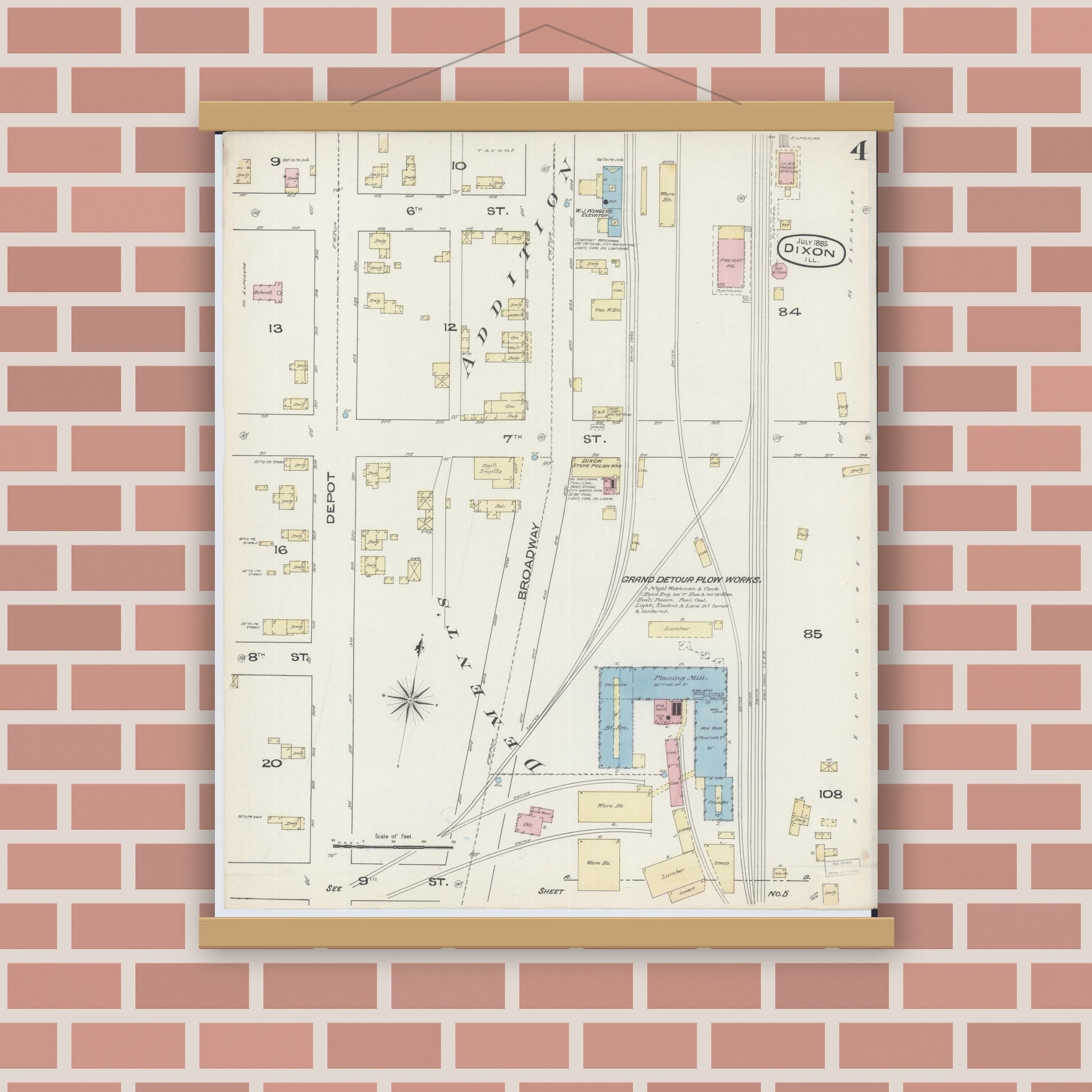 Old map wall art mockup — magnetic wood frame on brick wall — Sanborn Fire Insurance Map from Dixon, Lee County, Illinois (1885), Sheet #0004