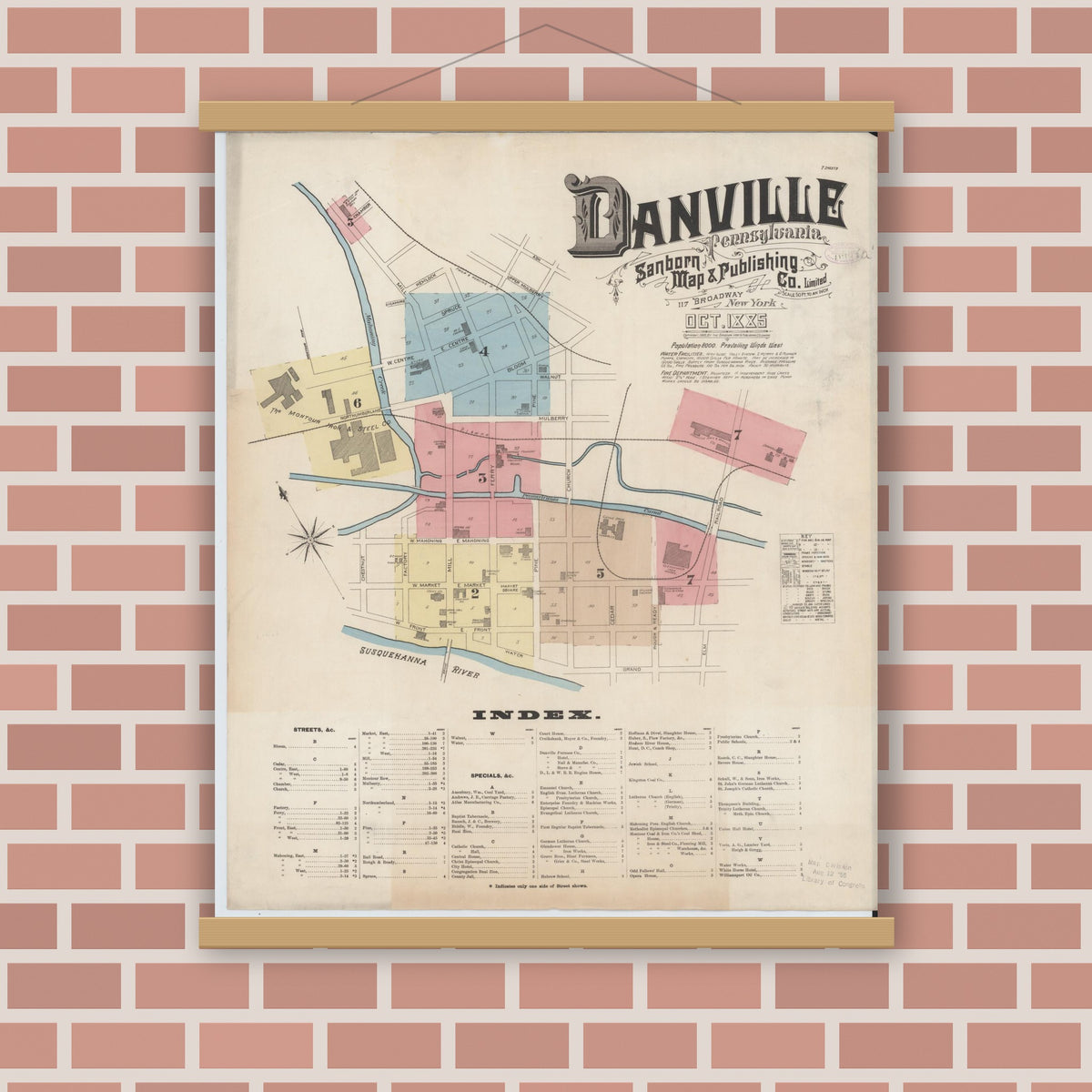 Old map wall art mockup — magnetic wood frame on brick wall — Sanborn Fire Insurance Map from Danville, Montour County, Pennsylvania (1885) - Complete Map Set