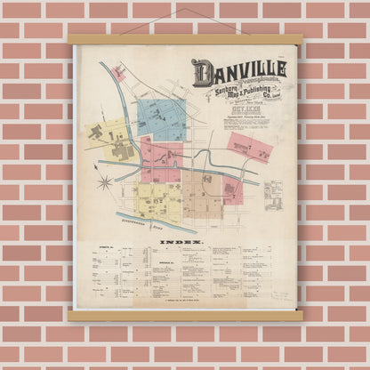 Old map wall art mockup — magnetic wood frame on brick wall — Sanborn Fire Insurance Map from Danville, Montour County, Pennsylvania (1885) - Complete Map Set
