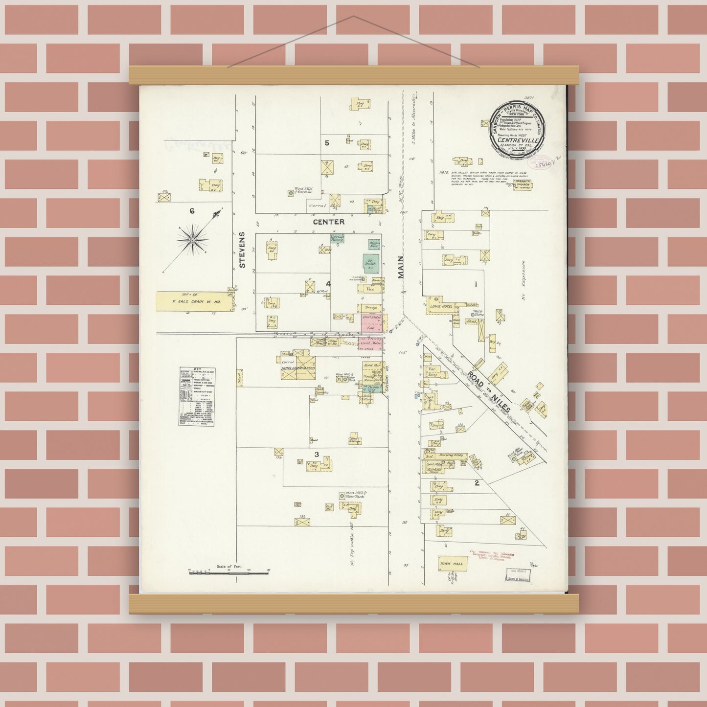 Old map wall art mockup — magnetic wood frame on brick wall — Sanborn Fire Insurance Map from Centerville, Alameda County, California (1890), Sheet #0001