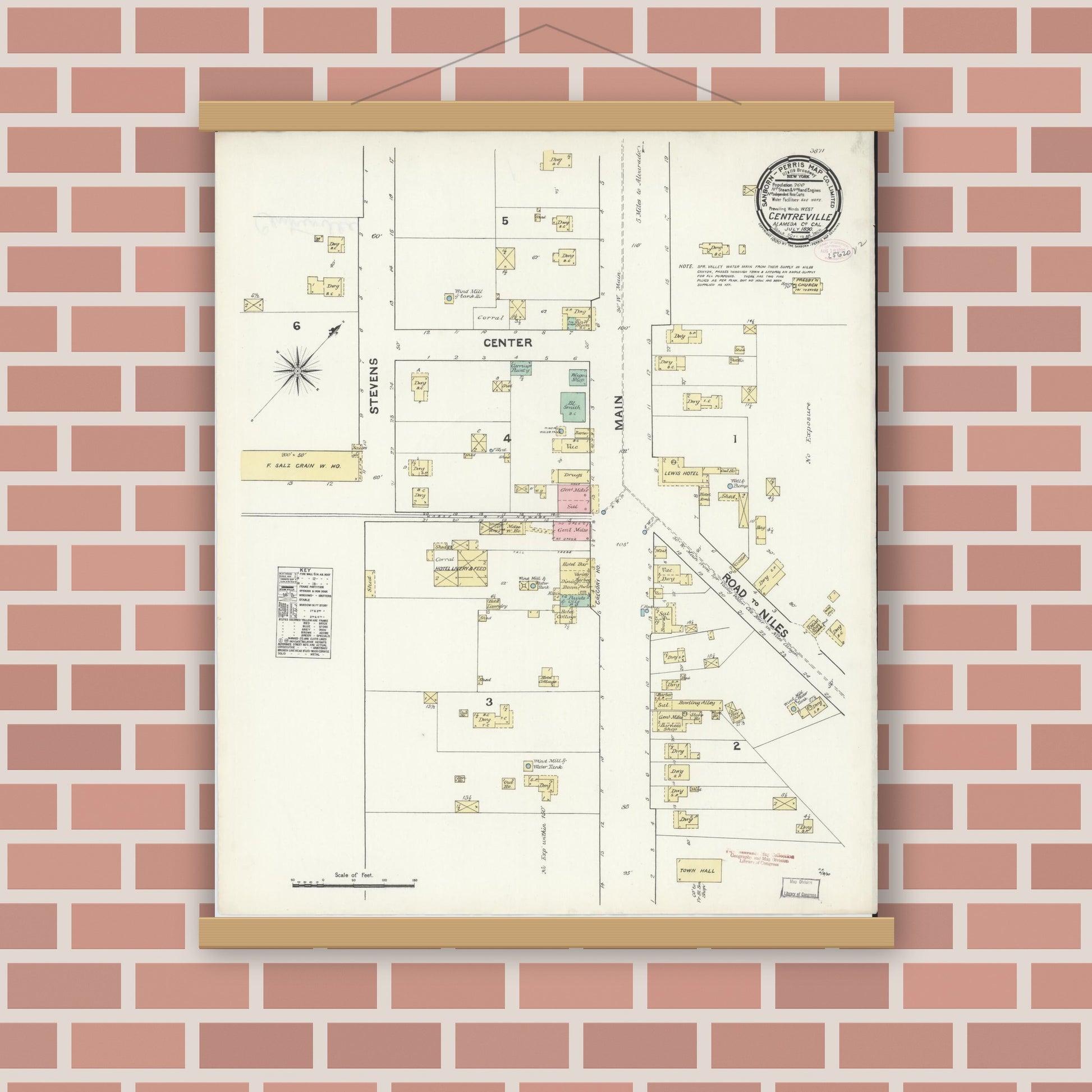 Old map wall art mockup — magnetic wood frame on brick wall — Sanborn Fire Insurance Map from Centerville, Alameda County, California (1890), Sheet #0001