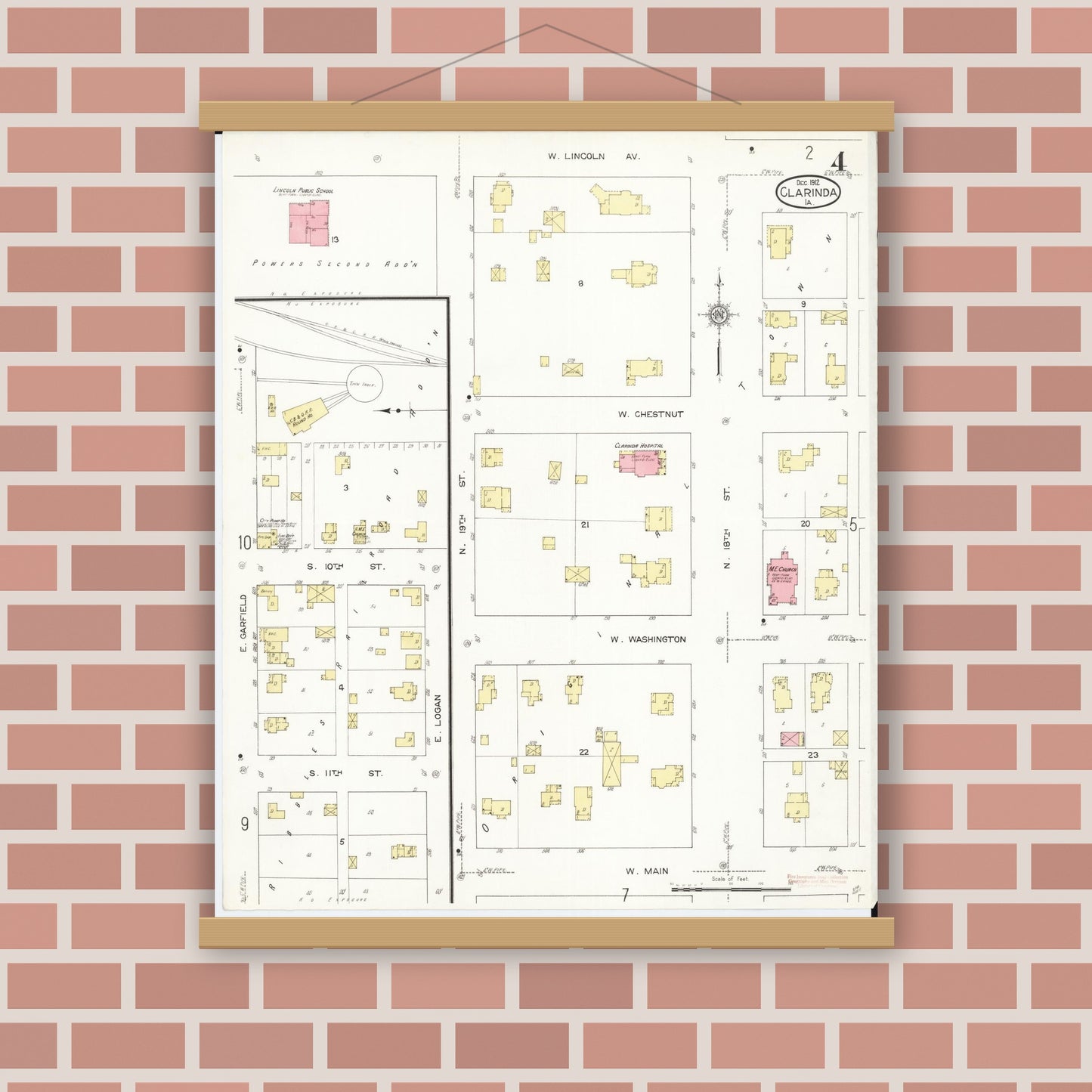 Old map wall art mockup — magnetic wood frame on brick wall — Sanborn Fire Insurance Map from Clarinda, Page County, Iowa (1912), Sheet #0004