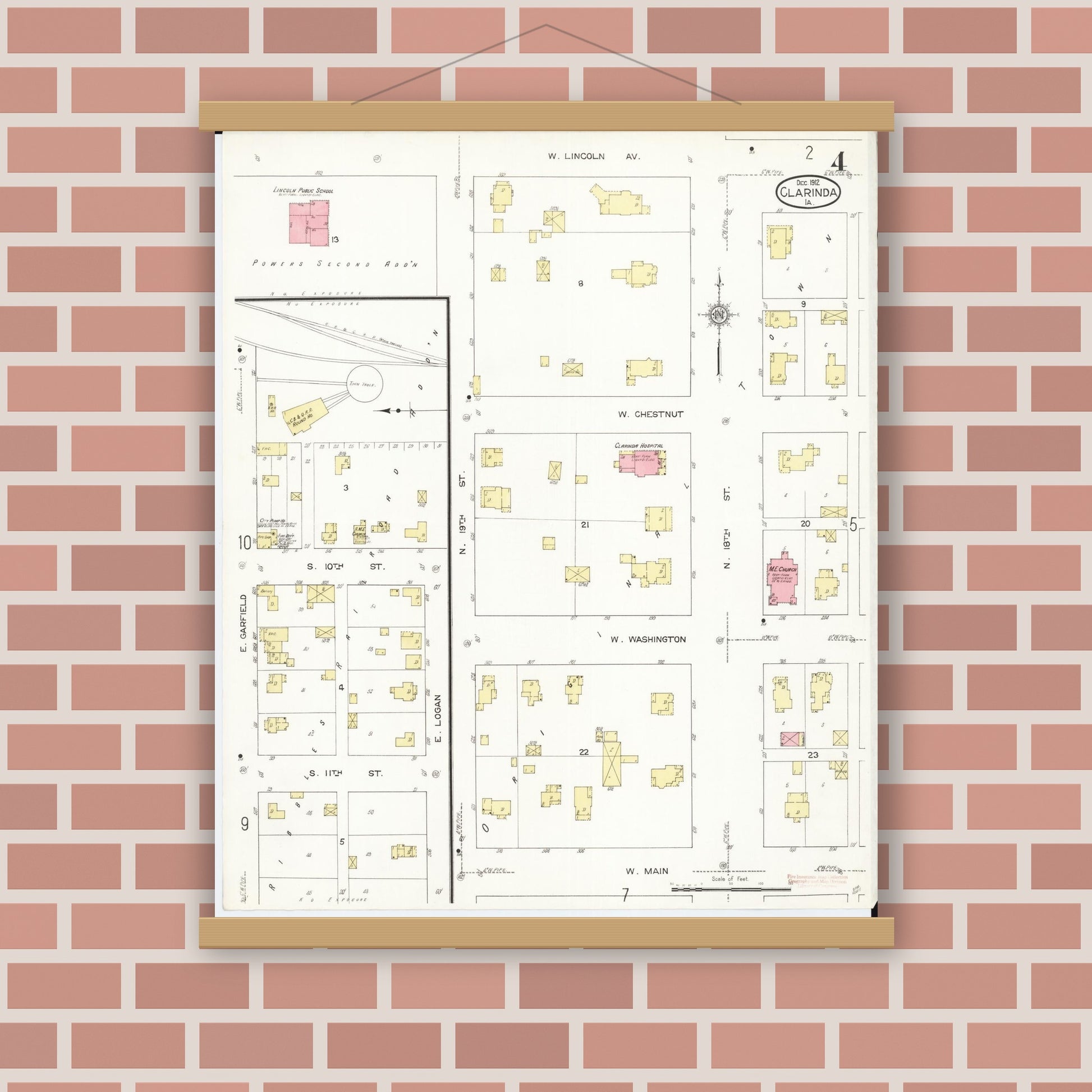 Old map wall art mockup — magnetic wood frame on brick wall — Sanborn Fire Insurance Map from Clarinda, Page County, Iowa (1912), Sheet #0004