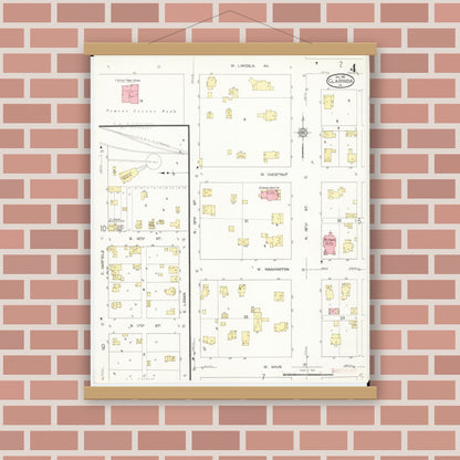 Old map wall art mockup — magnetic wood frame on brick wall — Sanborn Fire Insurance Map from Clarinda, Page County, Iowa (1912), Sheet #0004