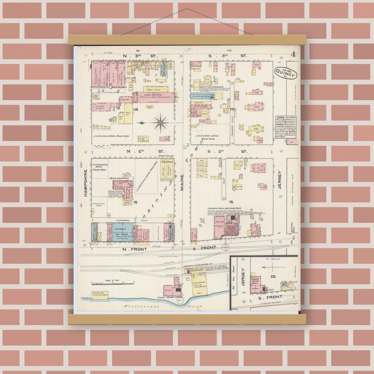 Old map wall art mockup — magnetic wood frame on brick wall — Sanborn Fire Insurance Map from Quincy, Adams County, Illinois (1883), Sheet #0004