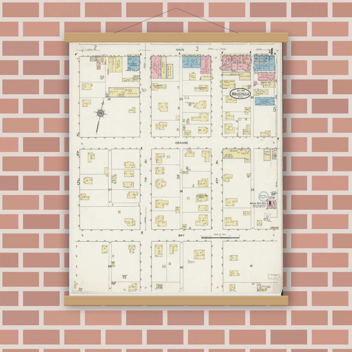 Old map wall art mockup — magnetic wood frame on brick wall — Sanborn Fire Insurance Map from Wauchula, Hardee County, Florida (1914), Sheet #0004