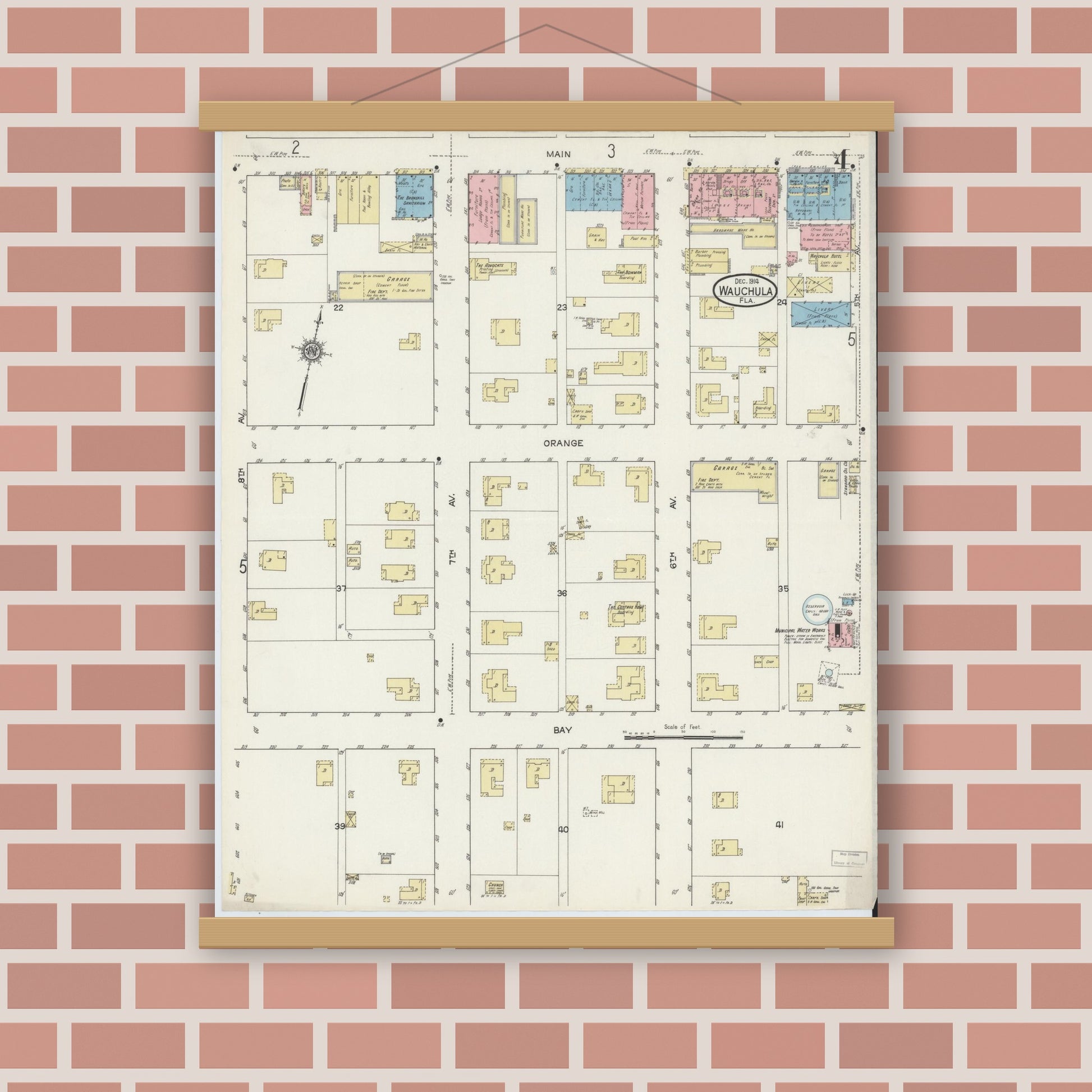 Old map wall art mockup — magnetic wood frame on brick wall — Sanborn Fire Insurance Map from Wauchula, Hardee County, Florida (1914), Sheet #0004