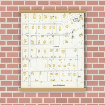 Old map wall art mockup — magnetic wood frame on brick wall — Sanborn Fire Insurance Map from Hillsboro, Hill County, Texas (1905), Sheet #0010
