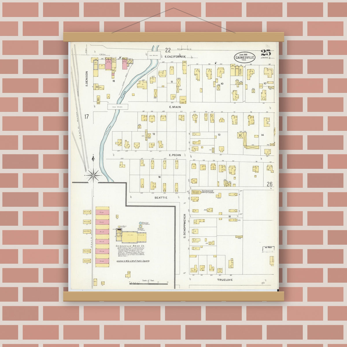 Old map wall art mockup — magnetic wood frame on brick wall — Sanborn Fire Insurance Map from Gainesville, Cooke County, Texas (1908), Sheet #0025