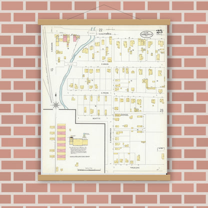 Old map wall art mockup — magnetic wood frame on brick wall — Sanborn Fire Insurance Map from Gainesville, Cooke County, Texas (1908), Sheet #0025