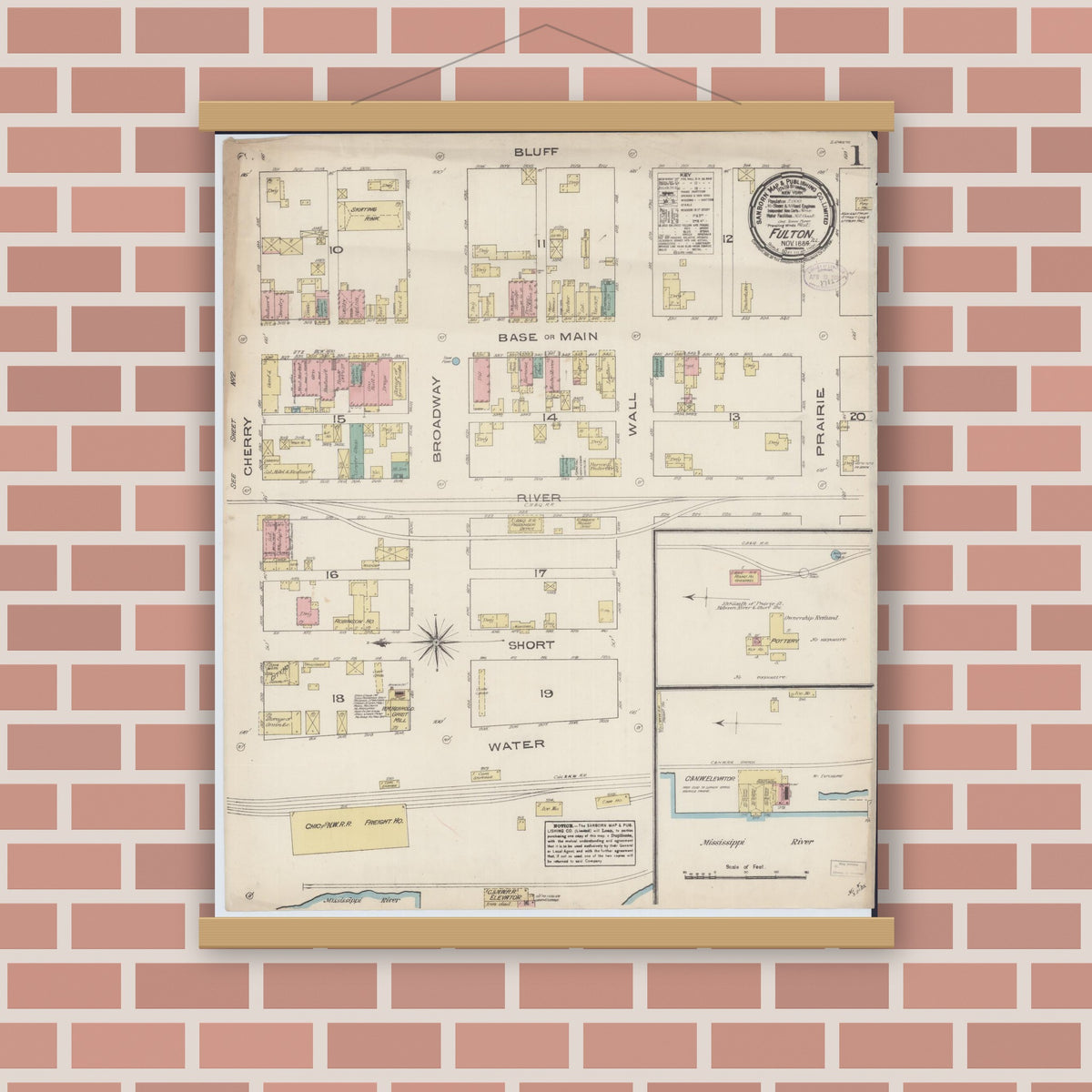 Old map wall art mockup — magnetic wood frame on brick wall — Sanborn Fire Insurance Map from Fulton, Whiteside County, Illinois (1884) - Complete Map Set