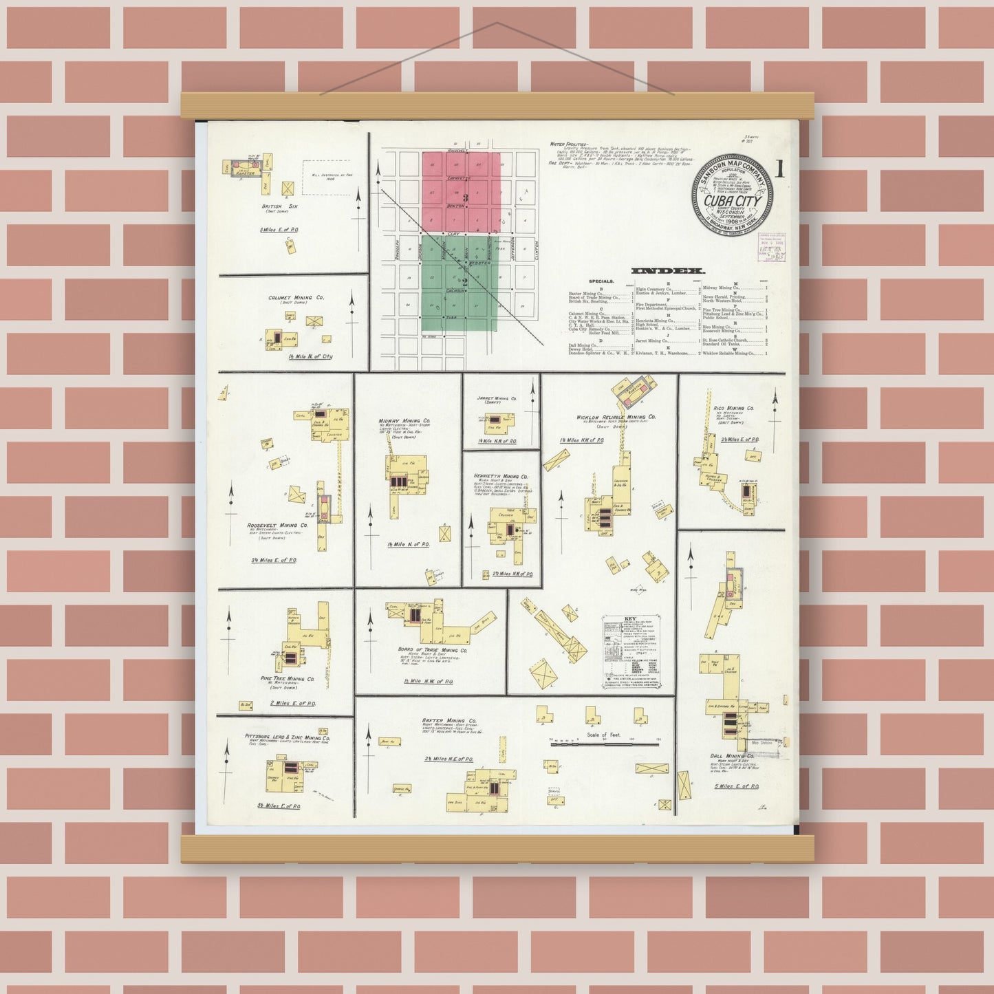 Old map wall art mockup — magnetic wood frame on brick wall — Sanborn Fire Insurance Map from Cuba City, Grant County, Wisconsin (1908) - Complete Map Set