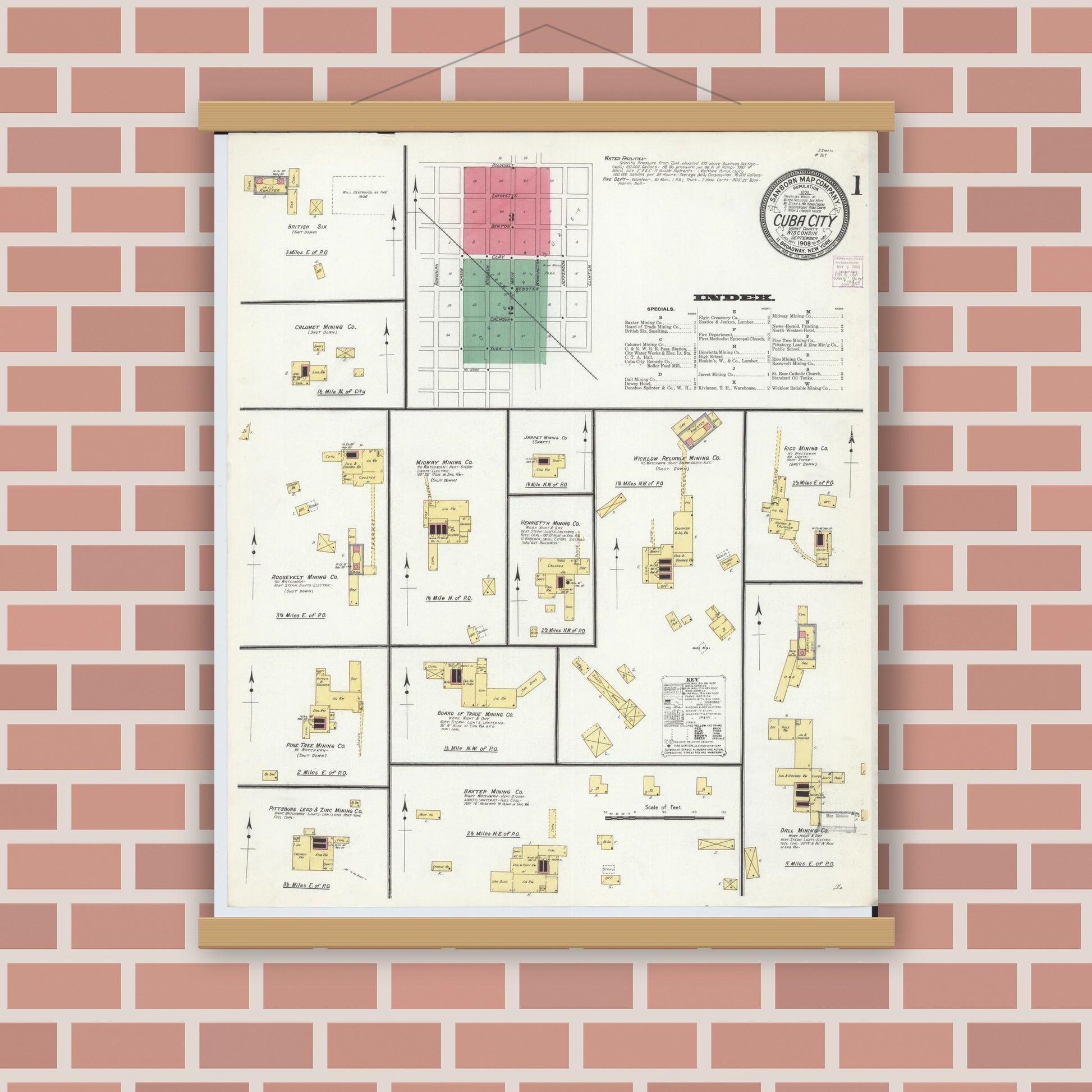 Old map wall art mockup — magnetic wood frame on brick wall — Sanborn Fire Insurance Map from Cuba City, Grant County, Wisconsin (1908) - Complete Map Set